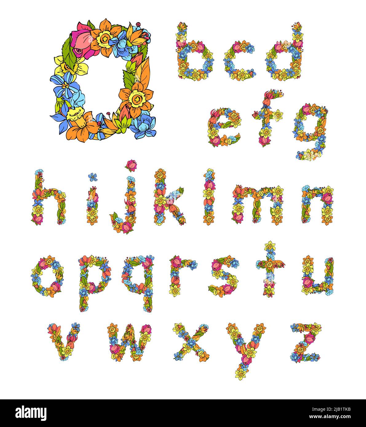 Fleurs petites lettres alphabet couleur esquisse icônes décoratives ensemble isolé illustration vectorielle Illustration de Vecteur