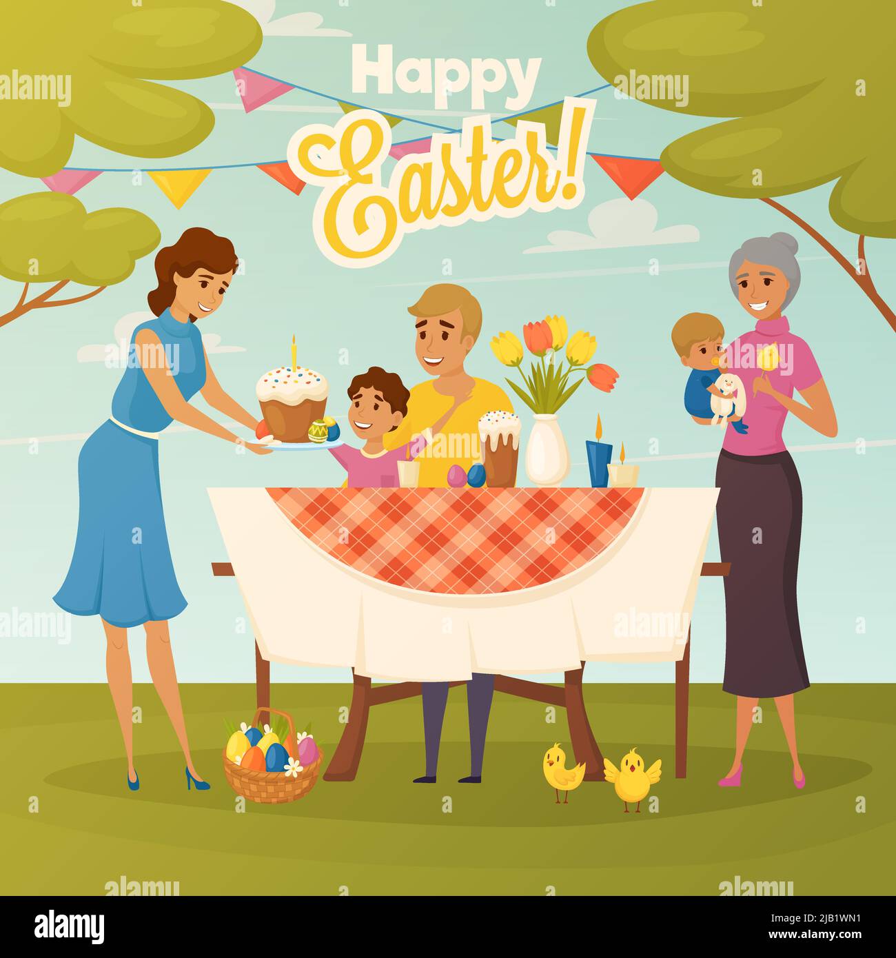 Affiche plate Happy easter Celebration avec dîner familial en plein air avec tulipes et illustration d'affiche plate de gâteau traditionnel Illustration de Vecteur