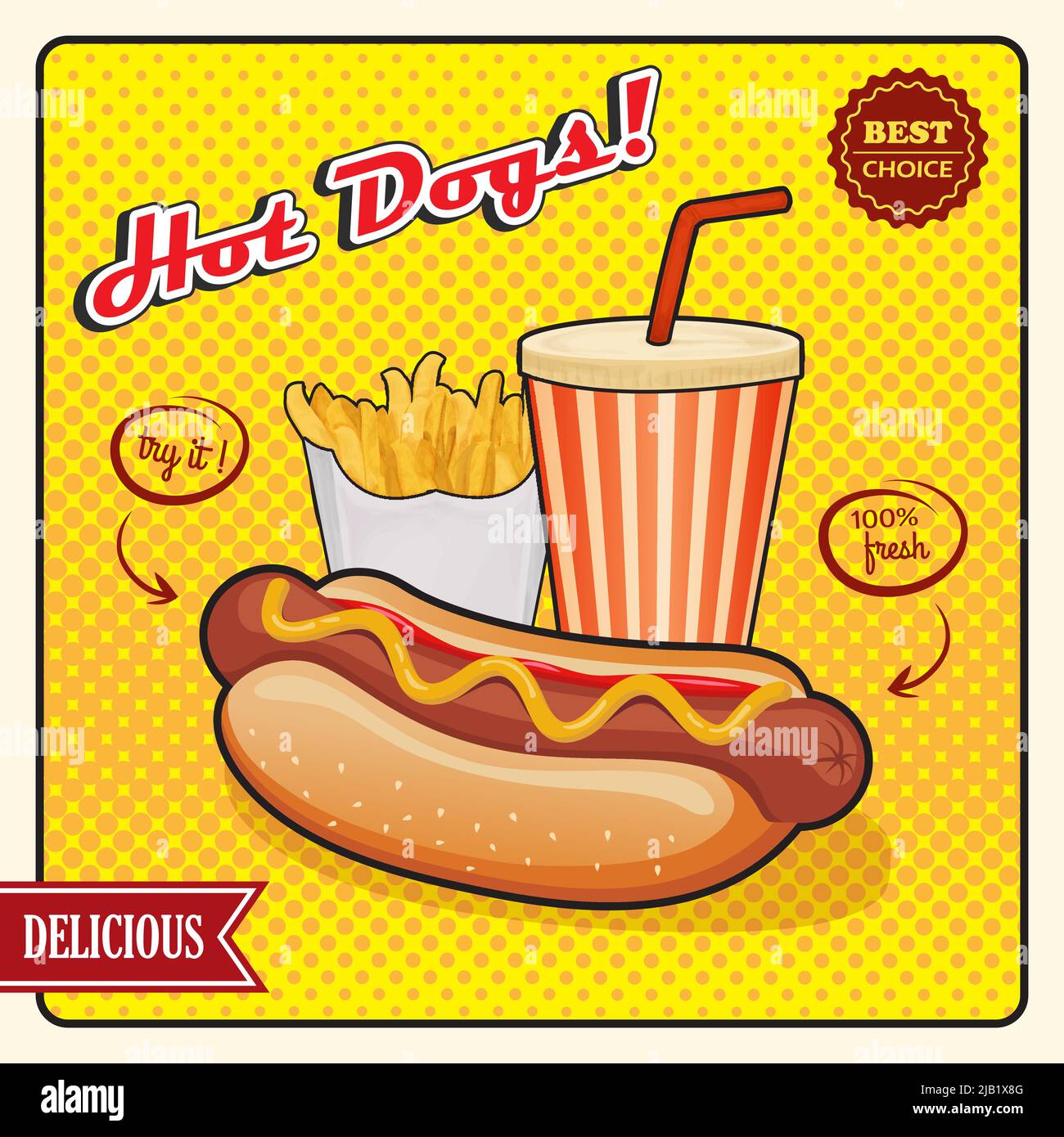 Affiche de style comique Hot Dogs comprenant une pomme de terre boisson et frites sur fond jaune pop art illustration vectorielle Illustration de Vecteur