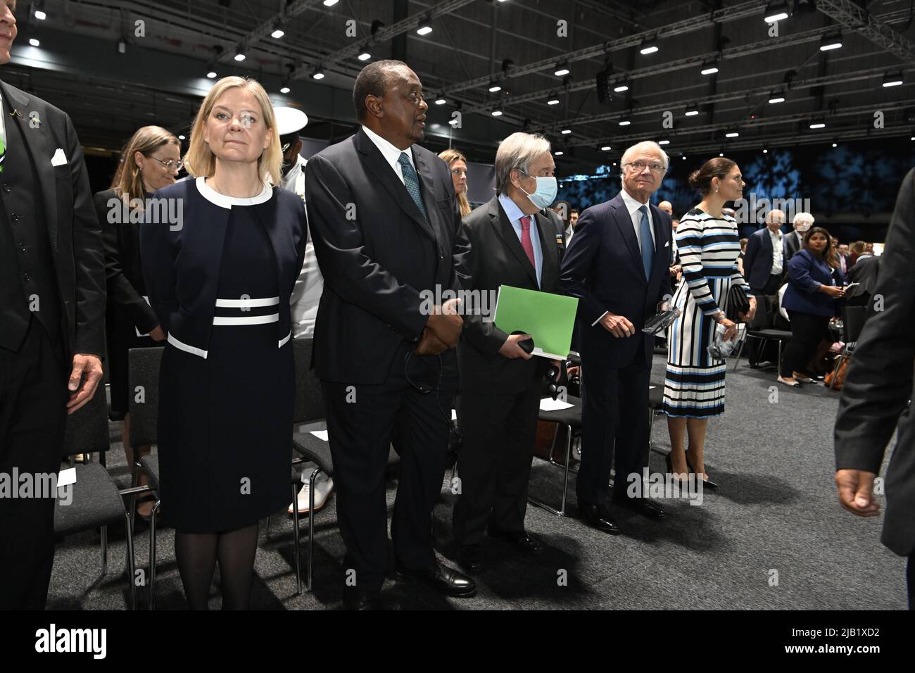La première ministre suédoise Magdalena Andersson, le président kenyan Uhuru Kenyatta, le secrétaire général de l'ONU António Guterres, le roi Carl Gustaf de Suède et la princesse héritière Victoria à Stockholm+50, une réunion internationale convoquée par l'Assemblée générale des Nations Unies à Stockholm, Suède, le 2 juin 2022. Photo : Jessica Gow / TT code 10070 Banque D'Images
