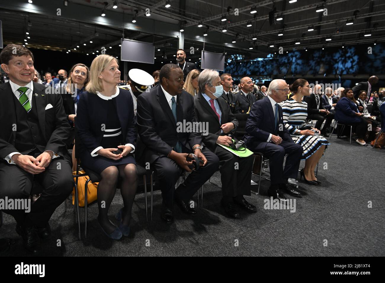Le Président du Riksdag Andreas Norlén, la première ministre suédoise Magdalena Andersson, le Président kenyan Uhuru Kenyatta, le Secrétaire général de l'ONU António Guterres, le Roi Carl Gustaf de Suède et la Princesse héritière Victoria à Stockholm+50, une réunion internationale convoquée par l'Assemblée générale des Nations Unies à Stockholm, Suède, le 2 juin 2022. Photo : Jessica Gow / TT code 10070 Banque D'Images