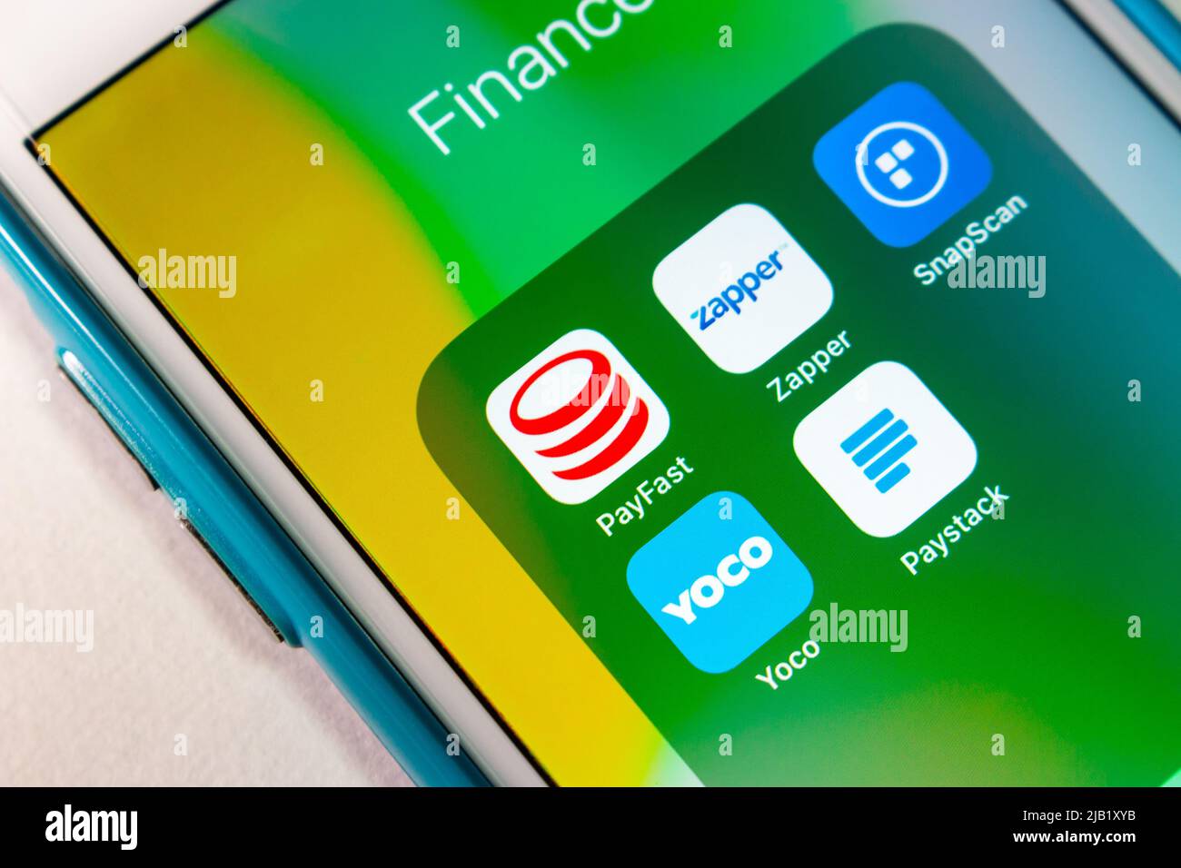 Payfast, plate-forme de paiement en Afrique du Sud et autres services de transfert d'argent/paiement mobile africains (application Zapper, SnapScan, YOCO et Paystack) sur iPhone Banque D'Images