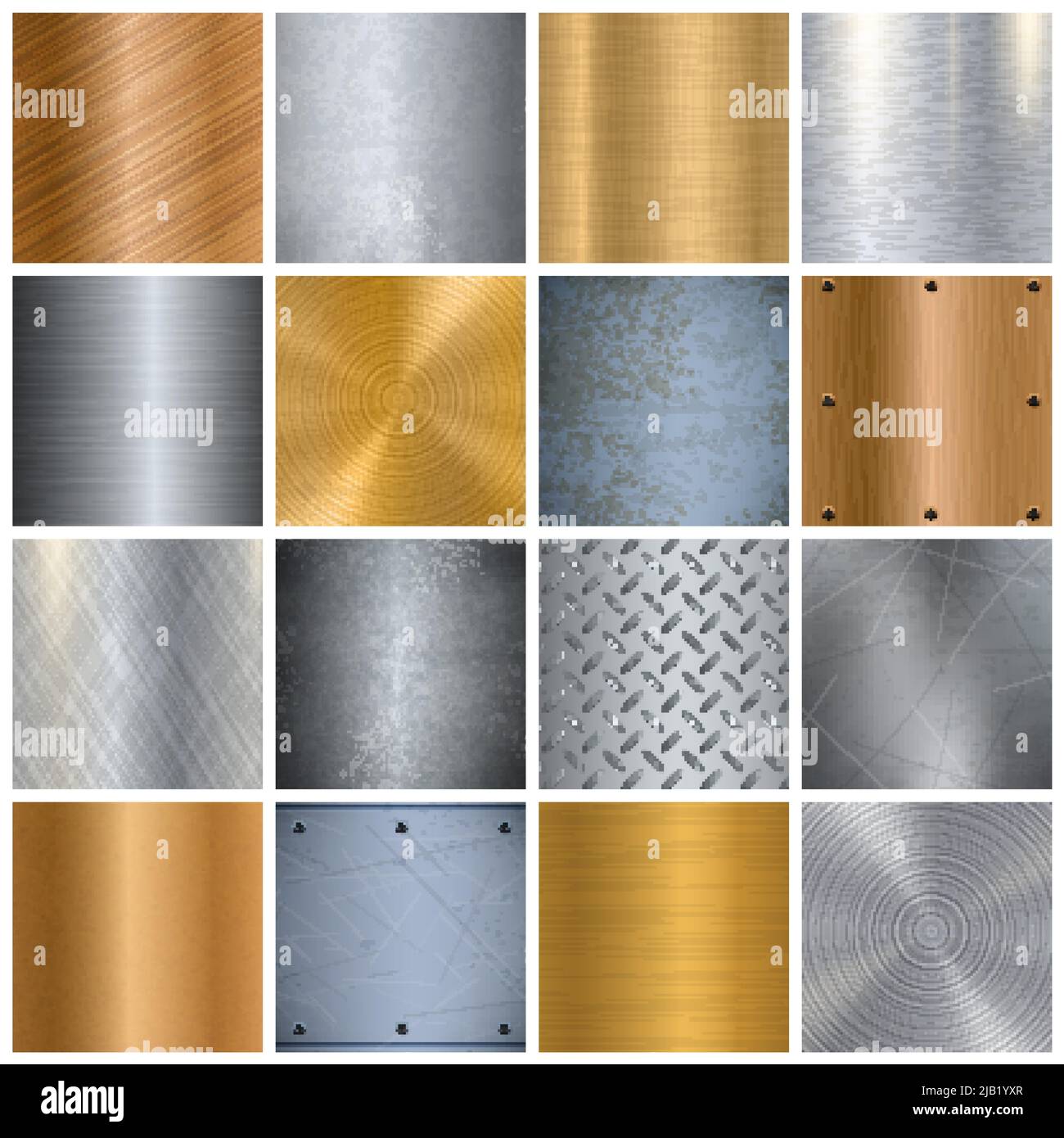 Texture des feuilles métalliques grandes icônes réalistes ensemble avec différentes finitions de surface en or et argent illustration vectorielle isolée Illustration de Vecteur