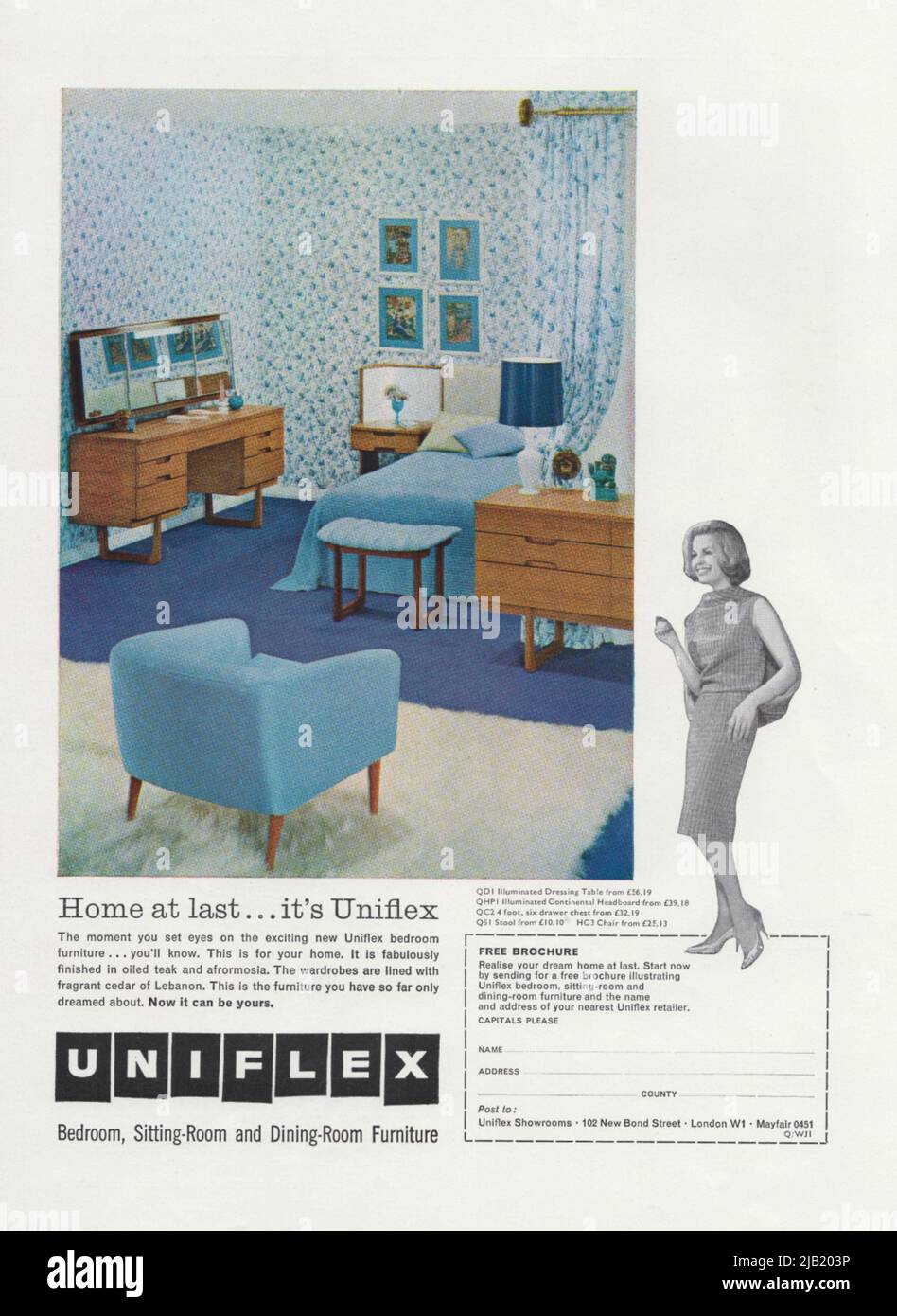 Mobilier Uniflex mobilier vintage publicité papier annonce de 1970s magazine papier annonce salle à manger chambre et salon meubles Banque D'Images