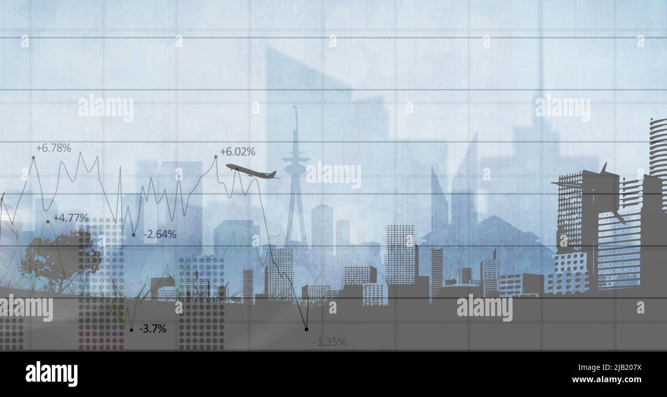Image des statistiques et du traitement des données sur le décollage d'avions et le paysage urbain Banque D'Images