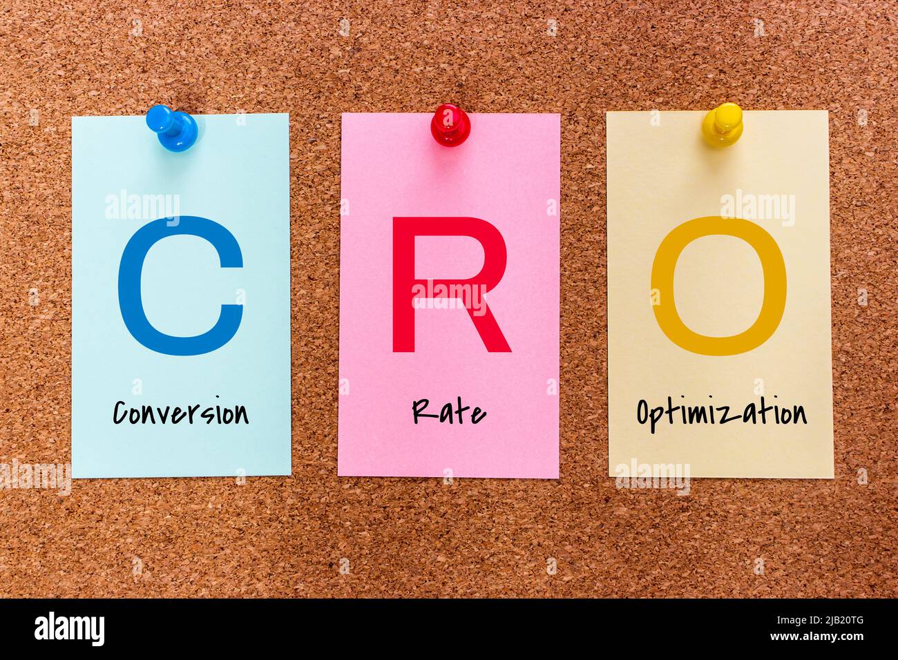 Mot-clé conceptuel de 3 lettres CRO (conversion Rate Optimization) sur des autocollants multicolores attachés à un panneau en liège. Banque D'Images