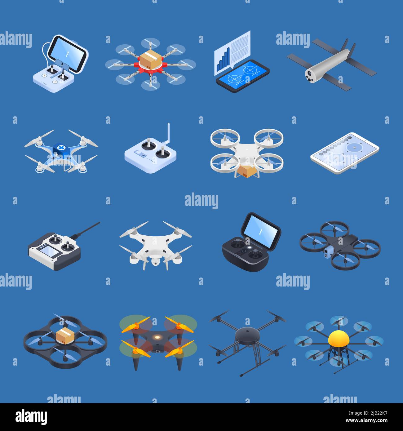 Icônes de drones isométriques avec des avions sans pilote de différentes fins, contrôleurs uav sur fond bleu illustration de vecteur isolé Illustration de Vecteur