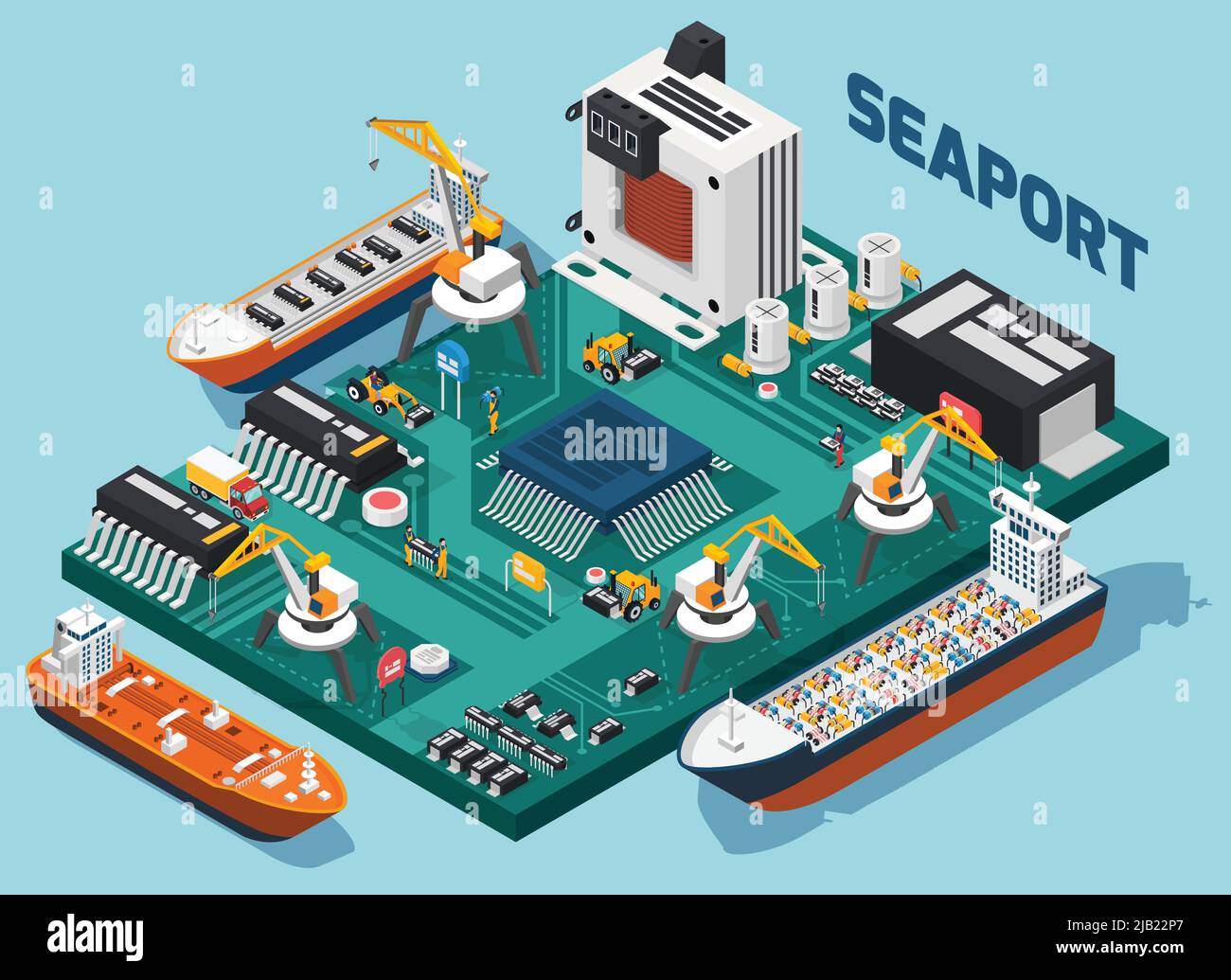 Composants électroniques à semi-conducteurs colorés composition isométriques du port maritime avec éléments technologiques combinés dans l'illustration vectorielle du port maritime Illustration de Vecteur