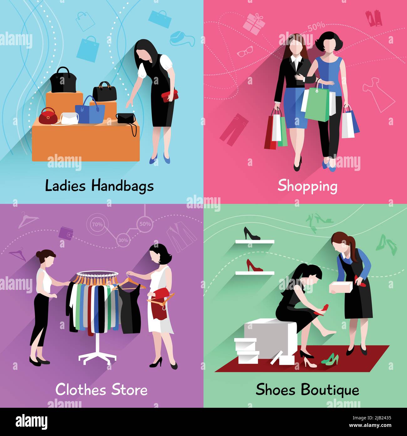 Femme shopping design ensemble de concept avec sacs à main vêtements et chaussures magasins plat icônes illustration vectorielle isolée Illustration de Vecteur