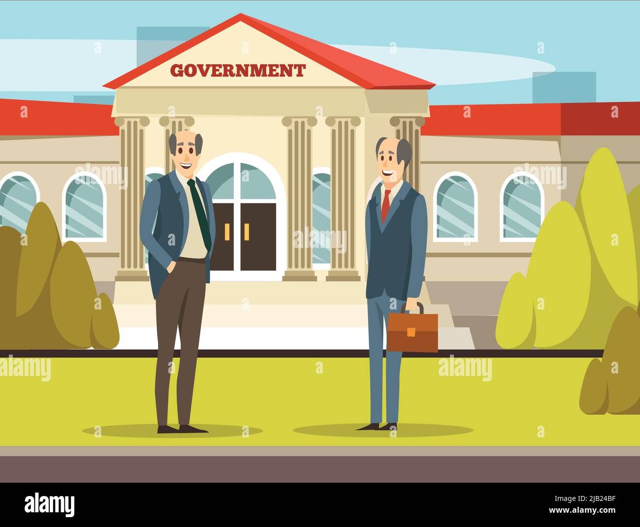 Des bâtiments municipaux orthogonaux colorés composition gouvernement avec deux employeurs souriants en costumes illustration vectorielle Illustration de Vecteur