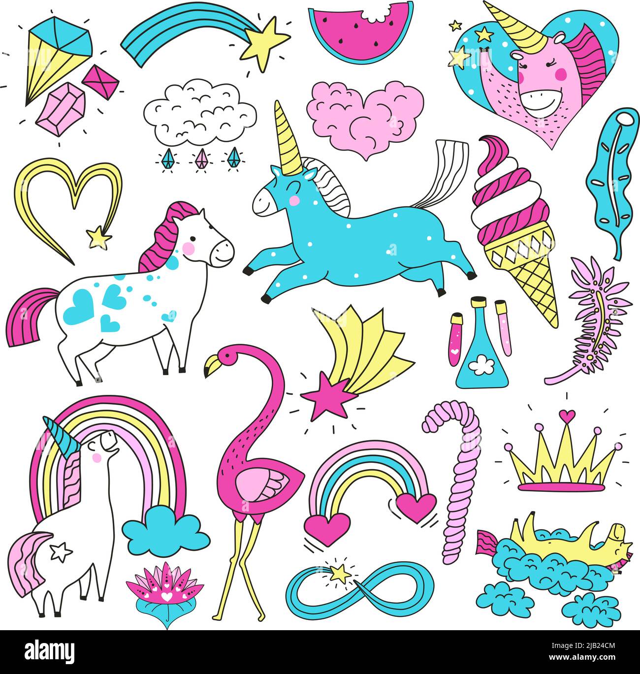 Ensemble coloré de doodle lumineux de mignon chevaux magiques unicorns étoiles arc-en-ciel coeurs isolés sur fond blanc illustration vectorielle Illustration de Vecteur