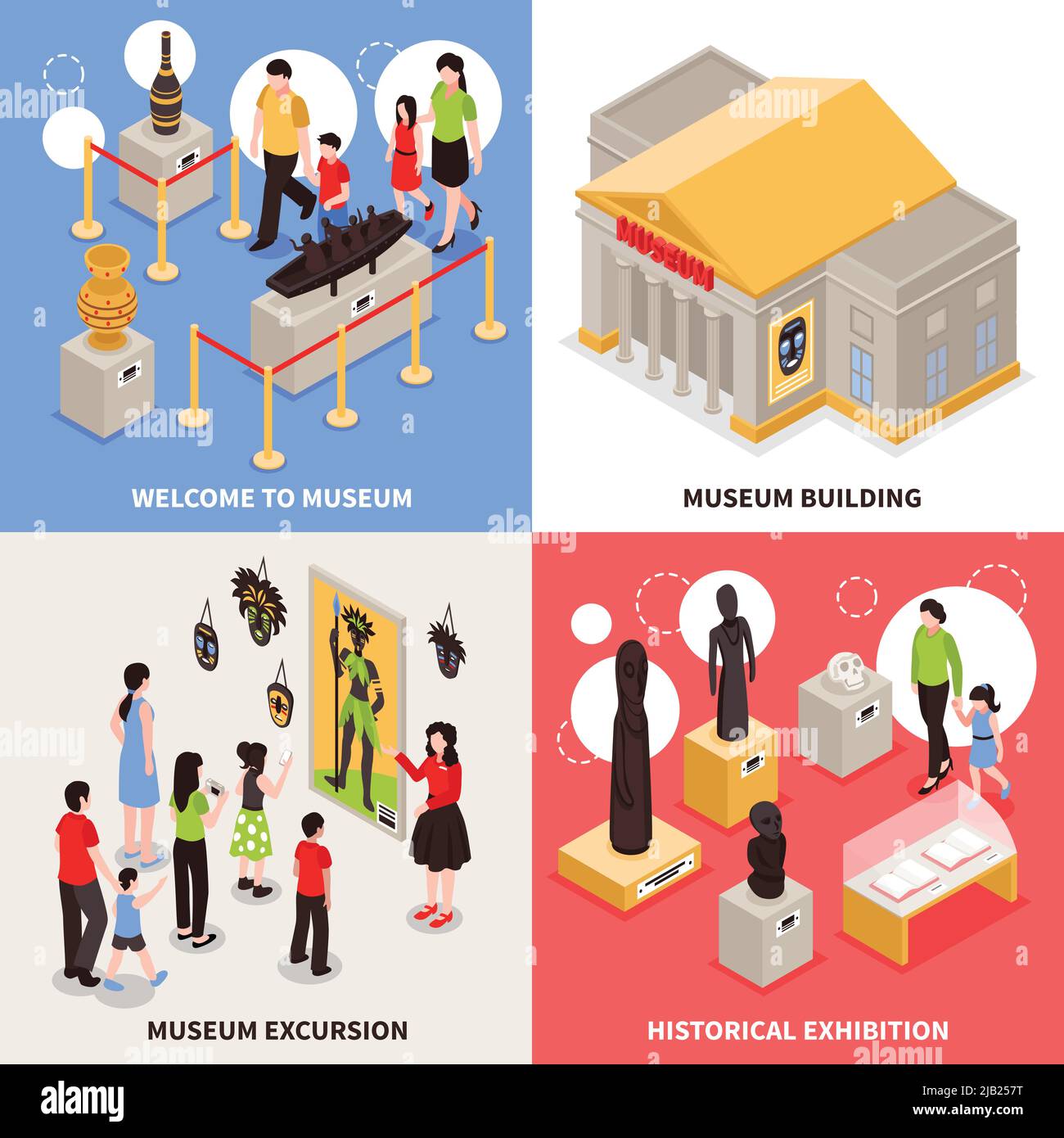 Musée concept de conception isométrique avec excursion pour les visiteurs, architecture de bâtiment, exposition historique illustration vectorielle isolée Illustration de Vecteur