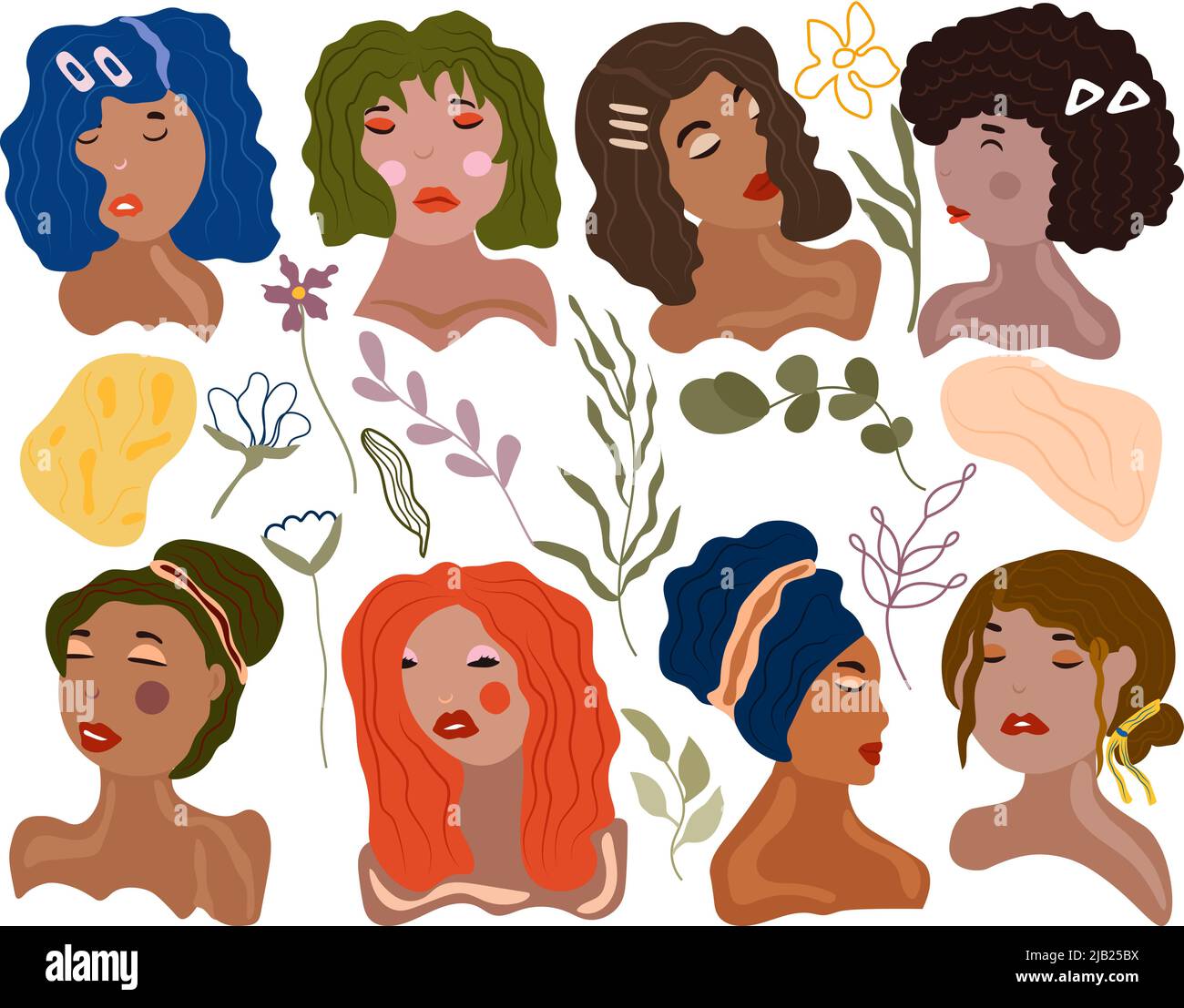 Collection de magnifiques femmes avec différents styles de cheveux, couleur de peau et types de visage. Des womans tendance avec des fleurs, des feuilles. Illustration vectorielle. Illustration de Vecteur