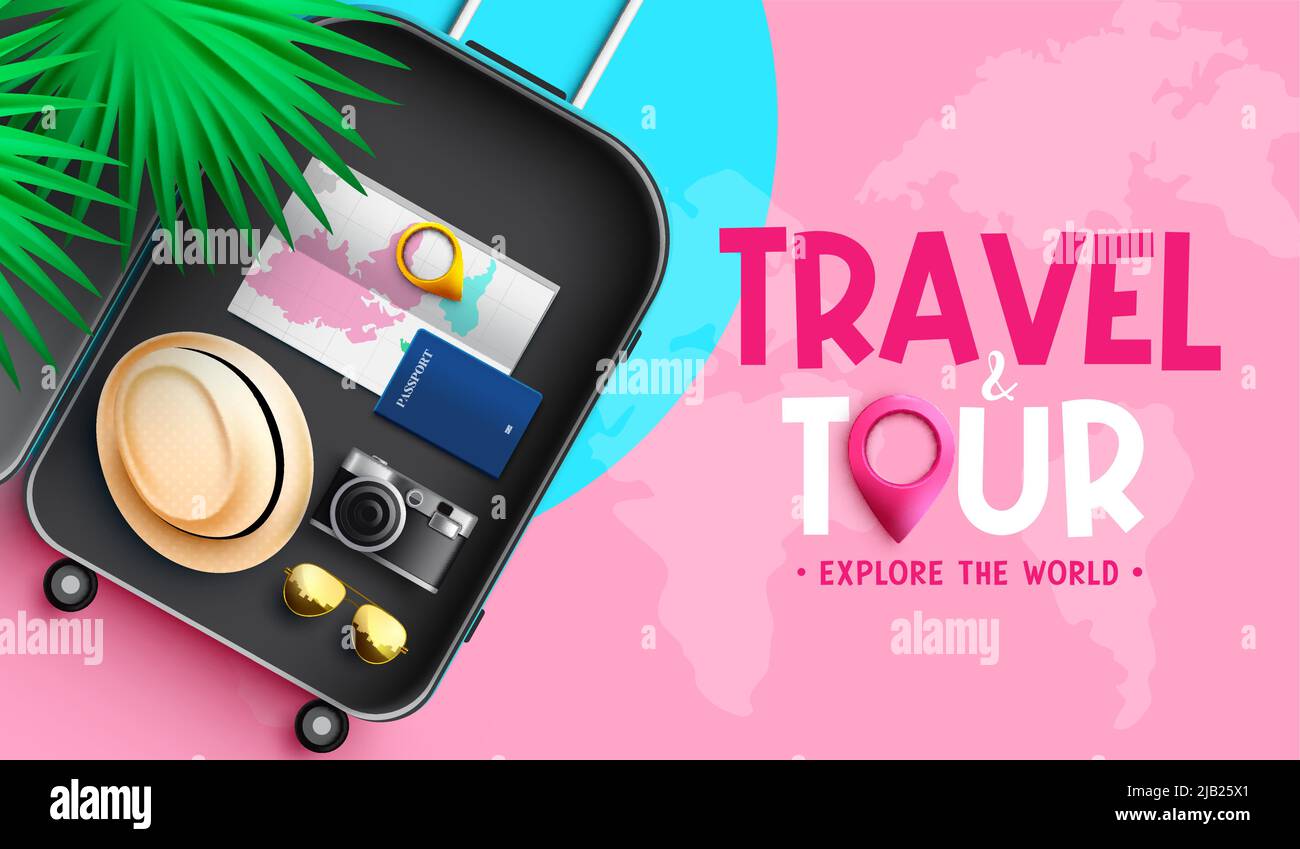 Conception d'arrière-plan à vecteur de voyage. Texte de voyage et de visite avec passeport, appareil photo et carte dans l'élément de sac à bagages pour une exploration et une aventure dans le monde entier. Illustration de Vecteur