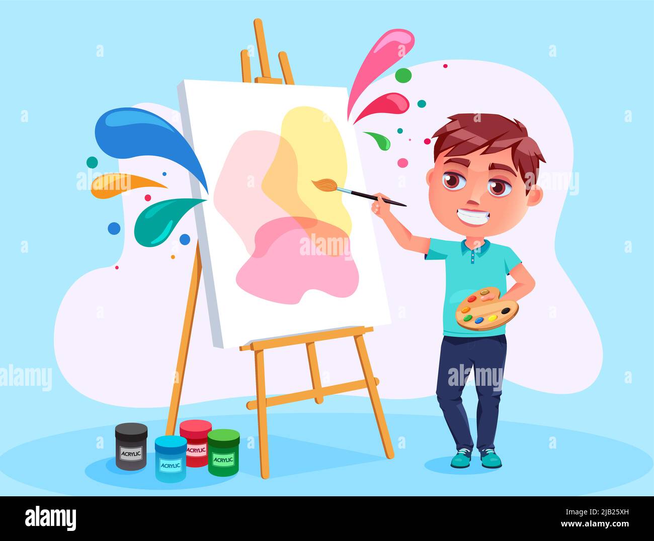 Dessin artistique de personnages vectoriels pour enfants. Artiste de garçon dans un geste de peinture heureux avec une décoration abstraite colorée pour la personne masculine créative. Illustration de Vecteur