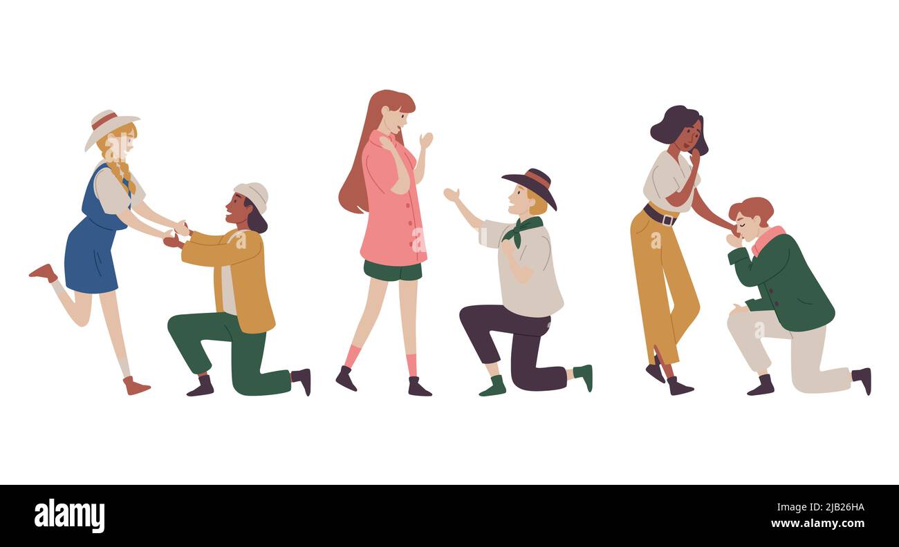 Couples amoureux, les hommes font la proposition de mariage aux femmes s'agenouillant. Illustration de Vecteur