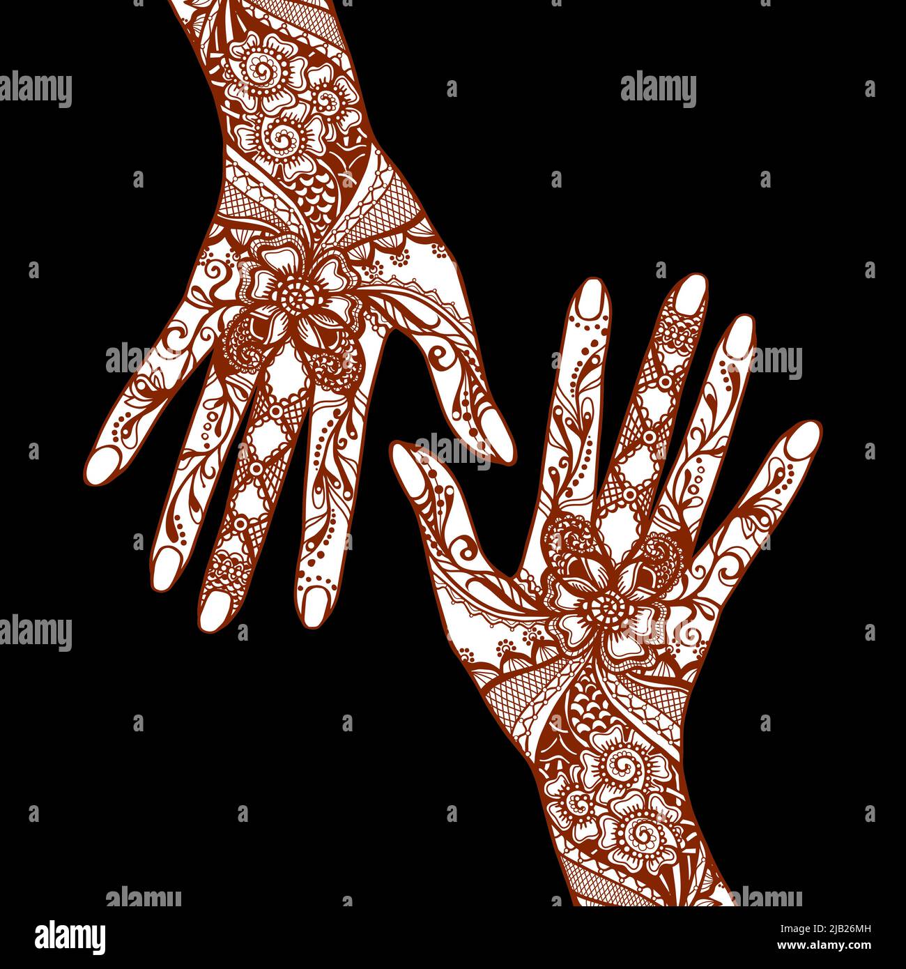 Mains de femmes couvertes de décorations traditionnelles indiennes mehendi henna tatouage sur fond noir illustration vectorielle Illustration de Vecteur