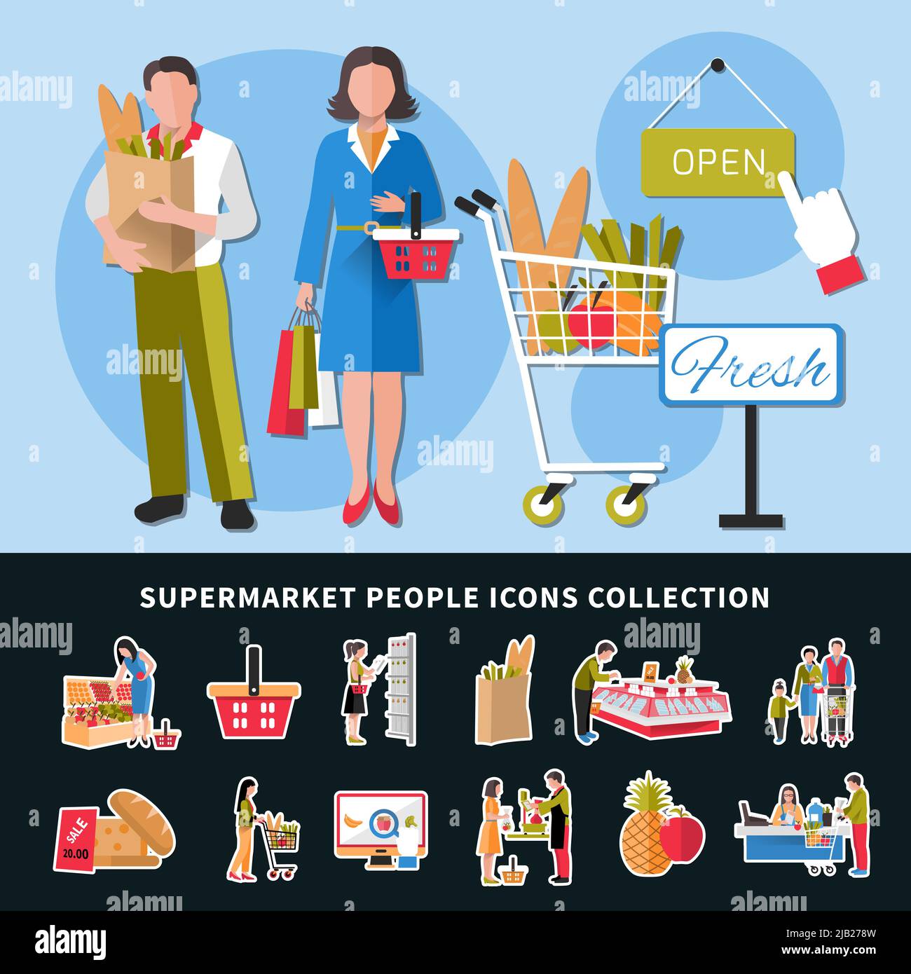 Collection d'icônes de gens de supermarché avec le vendeur et les clients, les marchandises sur les comptoirs, la caisse, les rabais illustration vectorielle isolée Illustration de Vecteur
