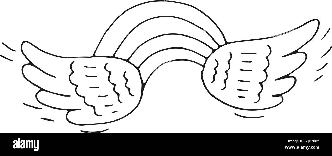 Arc-en-ciel volant avec ailes. Icône de la ligne noire du conte de fées Illustration de Vecteur
