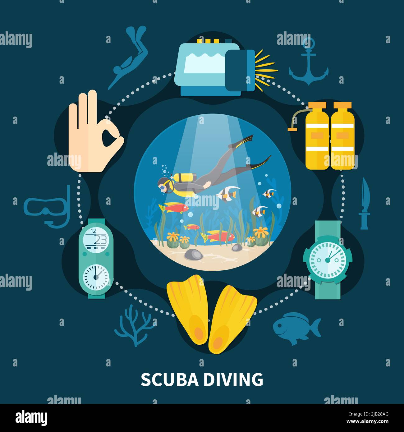 Plongée sous-marine composition ronde avec la personne nager entre les poissons et les icônes avec l'équipement sous-marin illustration vectorielle Illustration de Vecteur