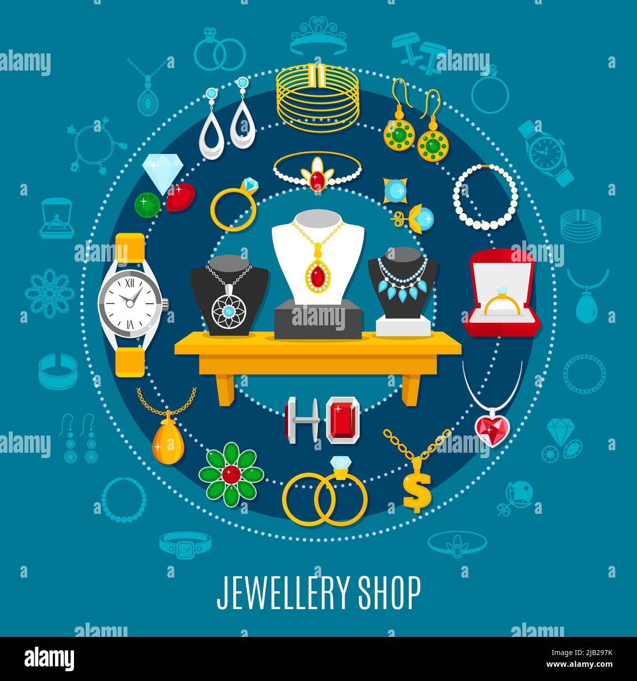 Boutique de bijoux composition ronde avec décorations pour femmes et hommes, y compris montre à main sur fond bleu illustration vectorielle Illustration de Vecteur