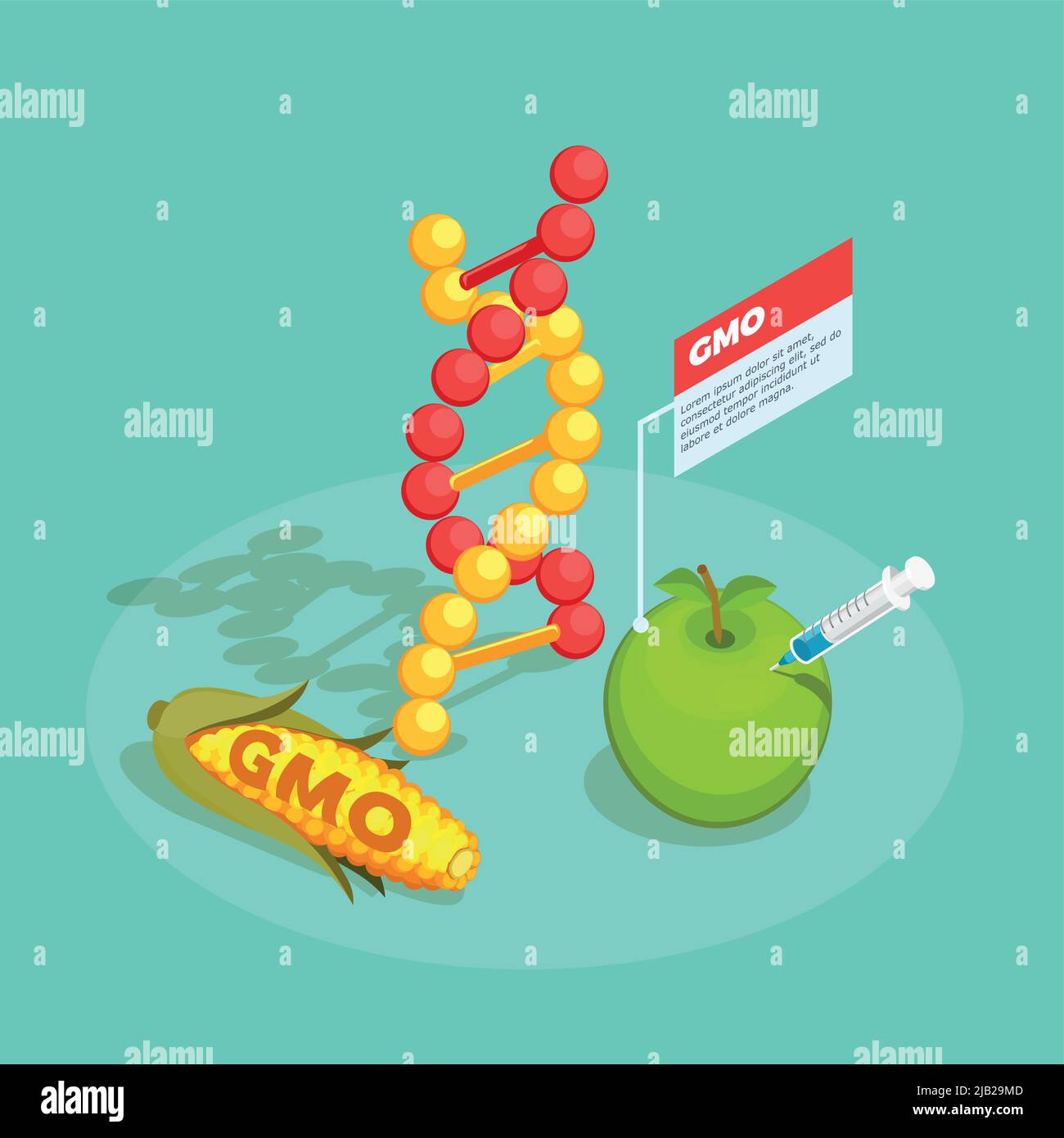 Composition isométrique alimentaire OGM sur fond turquoise avec molécule d'adn, maïs génétiquement modifié et illustration du vecteur de pomme Illustration de Vecteur