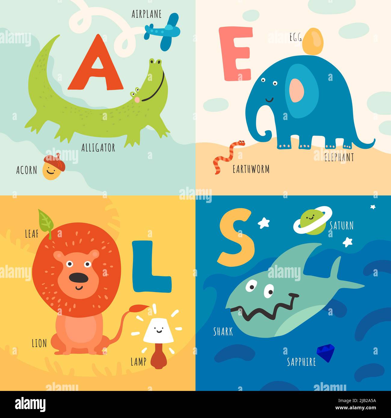 Enfants apprenant alphabet 4 icônes concept avec alligator éléphant lion requins première lettre images illustration vectorielle isolée Illustration de Vecteur
