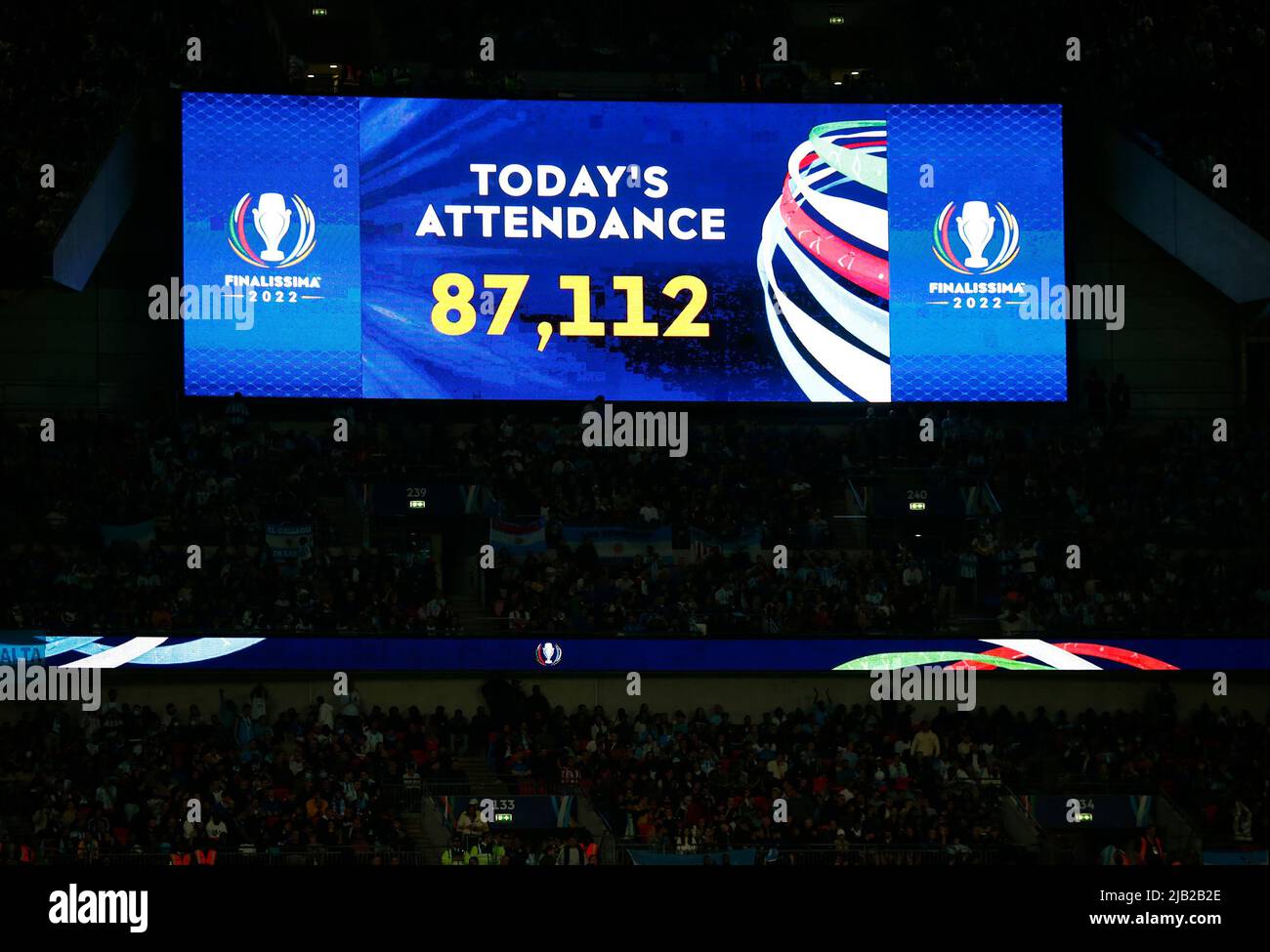 LONDRES, ANGLETERRE - JUIN 01: Tableau de bord montrent la présence de 87112 pendant Finalissima Conmebol - coupe des champions de l'UEFA entre l'Italie et l'Argentine à Banque D'Images