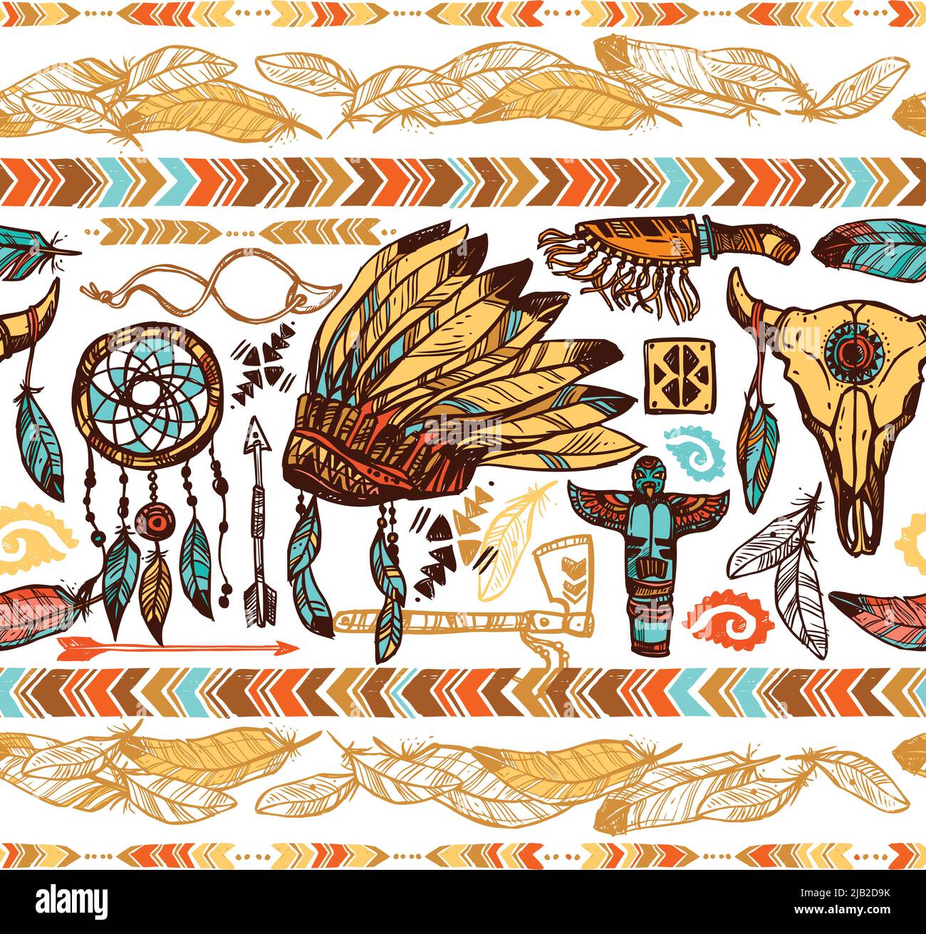 Décoration en plumes de style américain natif, bonnet de guerre tambourin et totems, illustration vectorielle sans couture Illustration de Vecteur