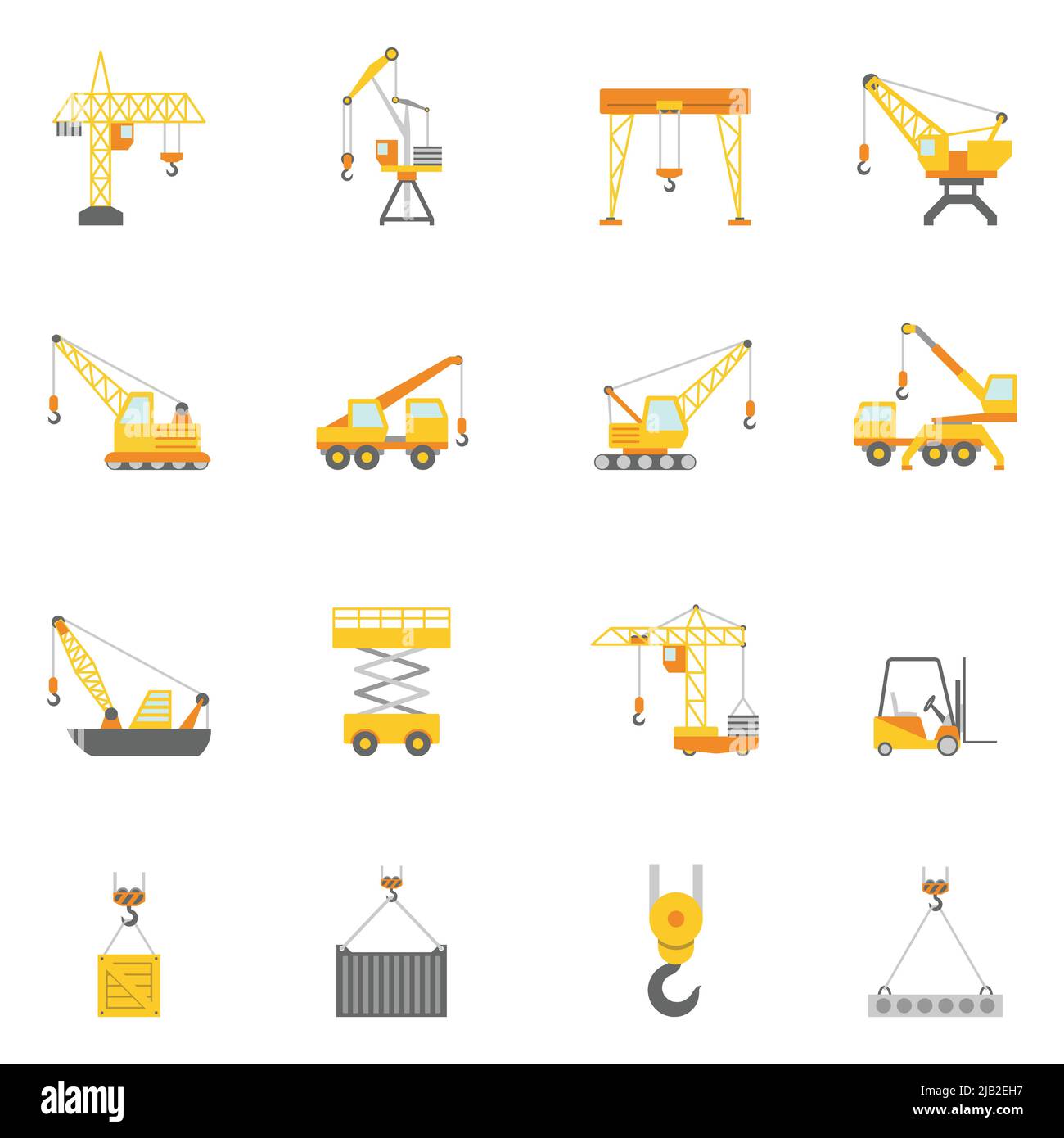 Grues dans l'industrie de la construction icônes plates ensemble avec camion monté et tour grue abstrait vecteur isolé illustration Illustration de Vecteur