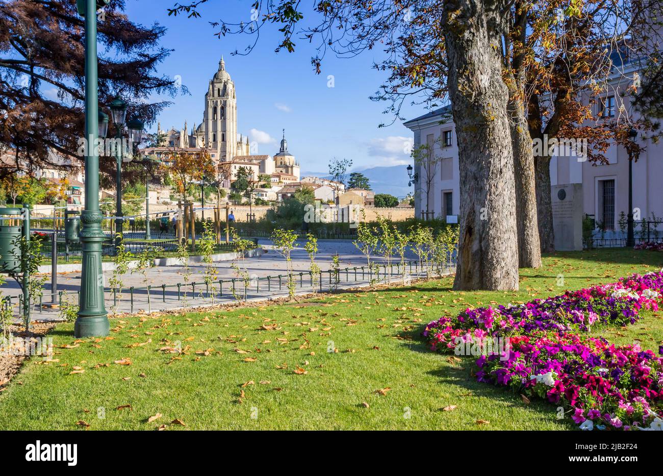 Fleurs sur la place Reina en face de la cathédrale de Ségovie, Espagne Banque D'Images