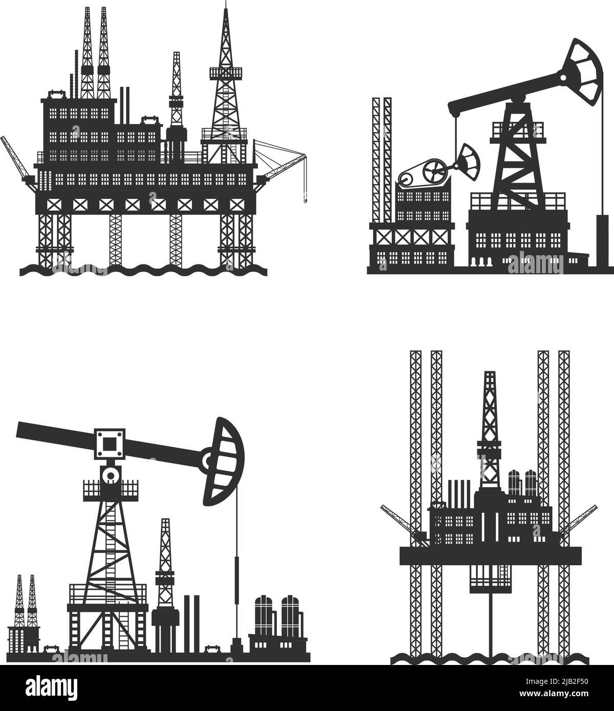 Illustration vectorielle isolée noire et blanche de la plate-forme pétrolière et pétrolière Illustration de Vecteur