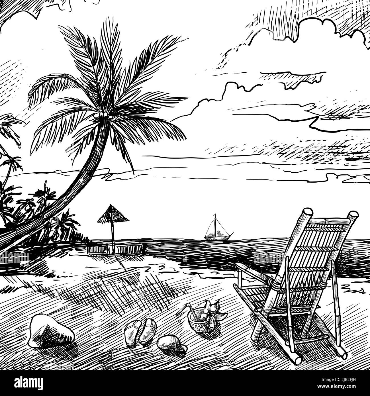 Arrière-plan de plage d'été avec chaise de paume noix de coco et illustration de vecteur de yacht Illustration de Vecteur