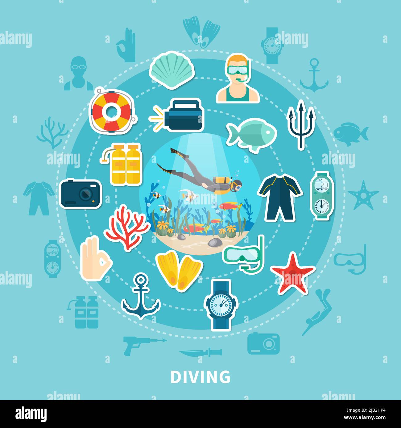 Composition ronde de plongée sur fond bleu avec icônes avec équipement de plongée, bouée de sauvetage et illustration du vecteur de la faune sous-marine Illustration de Vecteur