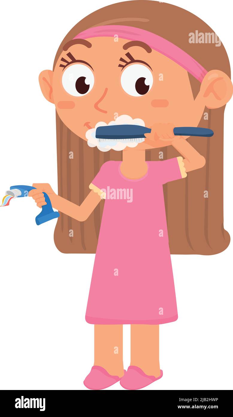 Fille se lavant les dents. Dessin animé enfant hygiène dentaire Illustration de Vecteur