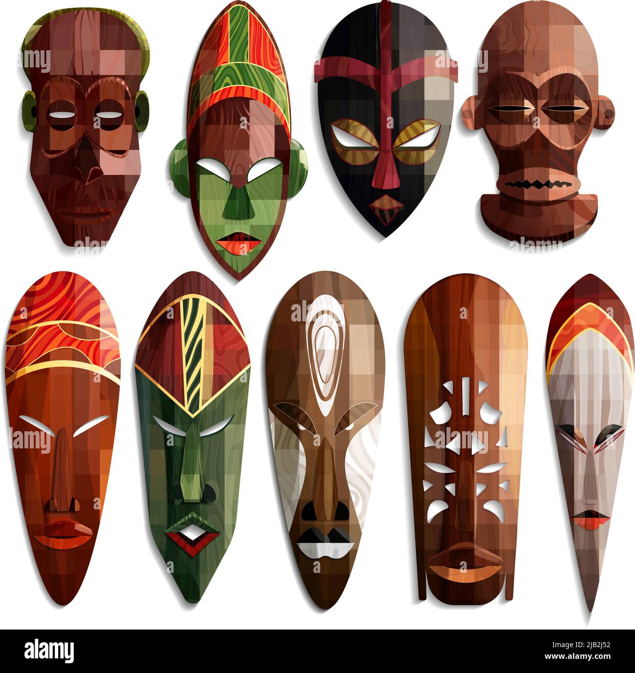 Ensemble de masques africains sculptés réalistes en bois avec ornement coloré sur fond blanc illustration vectorielle isolée Illustration de Vecteur