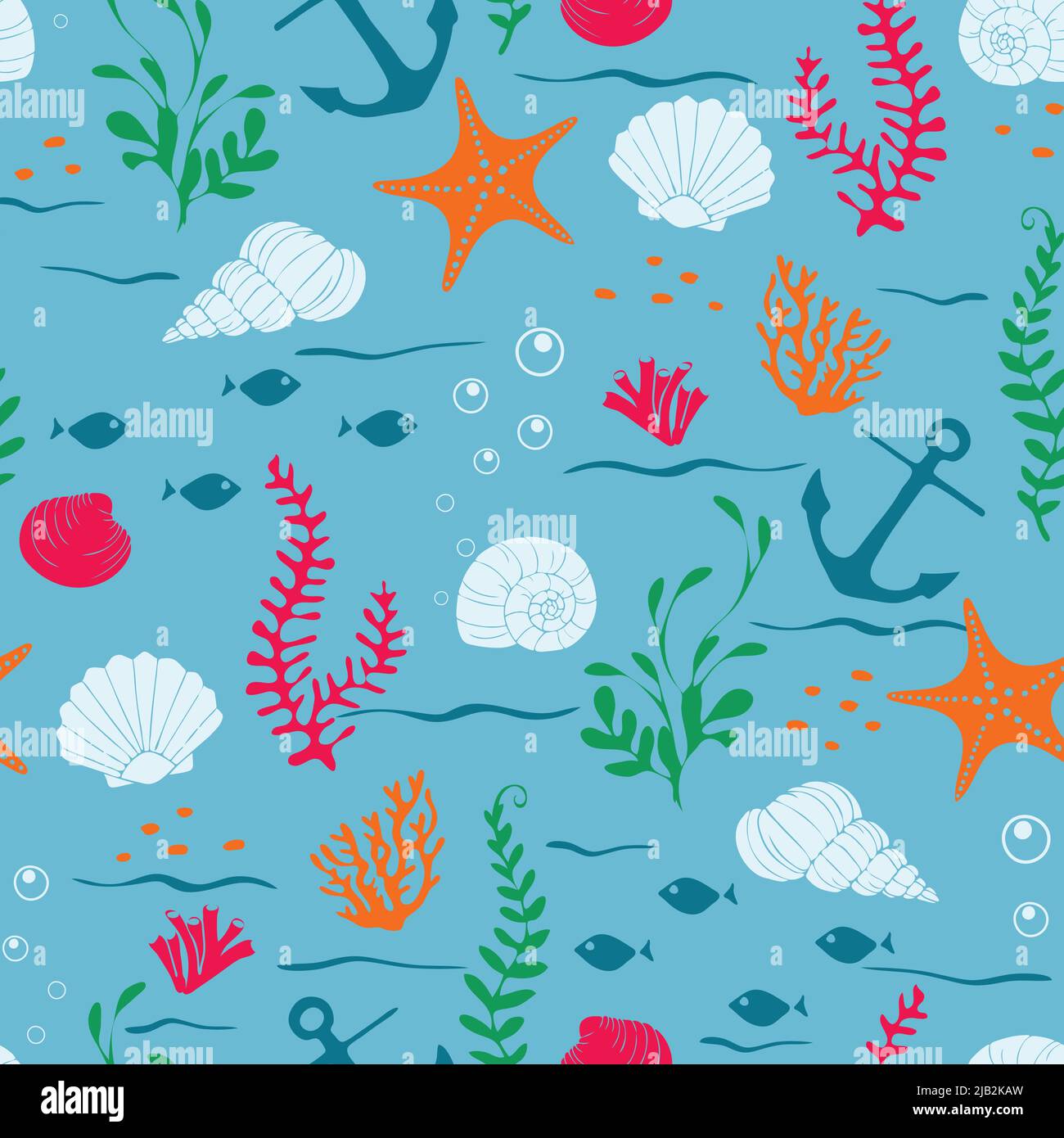 Motif vectoriel sans couture avec coques sur fond bleu. Papier peint sous-marin simple. Textile de mode de vacances tropicales. Illustration de Vecteur