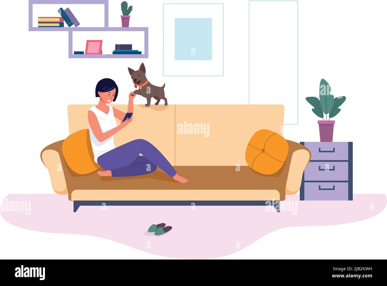 Dépendance à l'Internet. Femme jouant avec son chien et regardant l'écran du smartphone isolé sur fond blanc Illustration de Vecteur