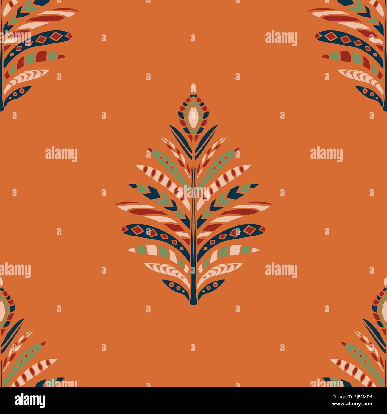 Motif vectoriel sans couture avec plume artistique sur fond orange. Fond d'écran simple avec symbole natif. Textile de mode de fougère dessiné à la main. Illustration de Vecteur