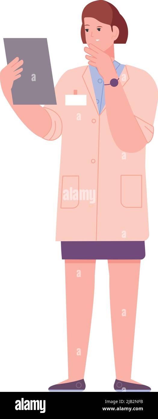 Femme lisant un document papier et pensant. Scientifique recherchant isolé sur fond blanc Illustration de Vecteur