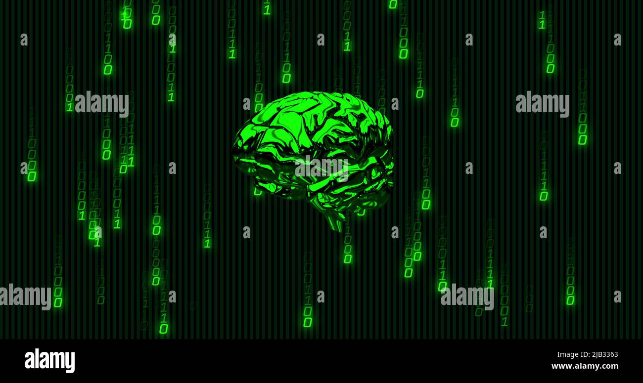 Image du traitement des données de codage binaire vert sur un cerveau humain vert brillant sur fond noir Banque D'Images