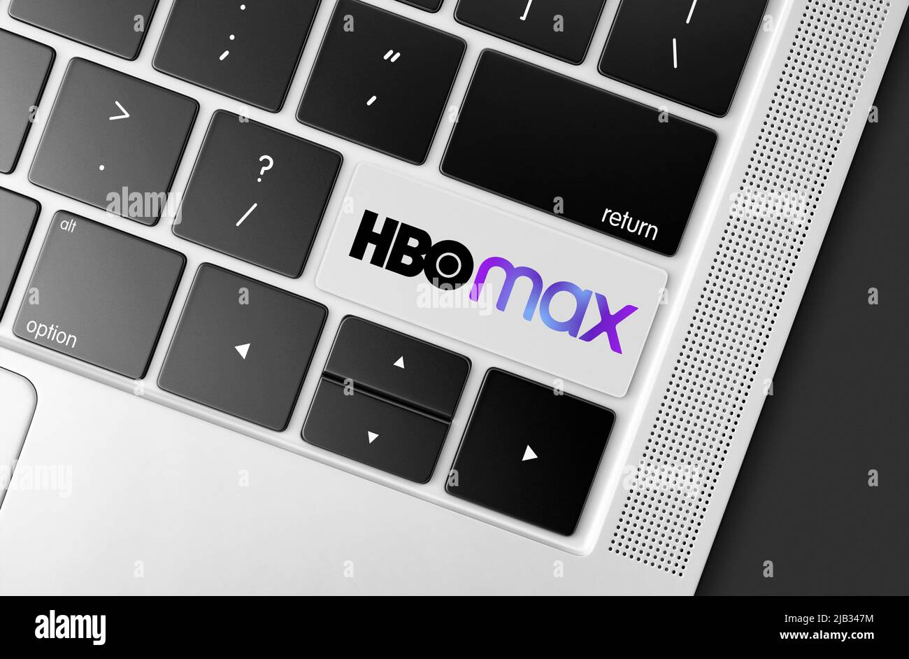 Touche de plate-forme vidéo HBO Max dédiée sur le clavier de l'ordinateur, image conceptuelle des communications globales Banque D'Images