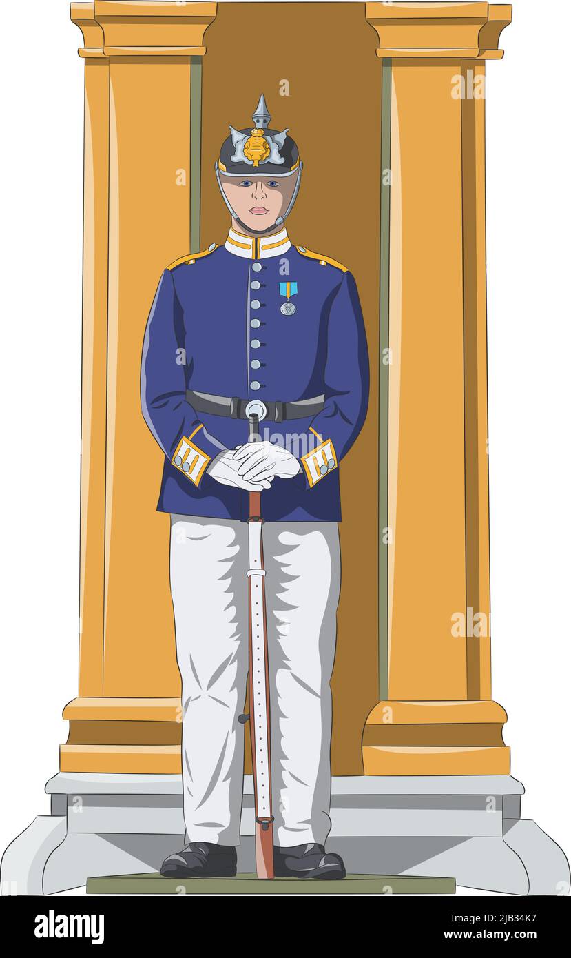 Garde royale suédoise en uniforme traditionnel et casque de service. Stockholm. Suède. Illustration de Vecteur