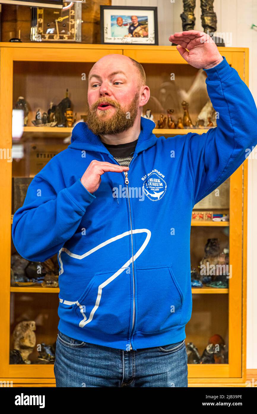 Guðjón Hildibrandsson, manager du musée des requins de Bjarnarhöfn, péninsule de Snæfellsnes, Islande, gesticule en expliquant devant une étagère murale avec des photographies et des souvenirs. Le musée promet que là, dit-il, le mystère du requin fermenté est résolu. Banque D'Images