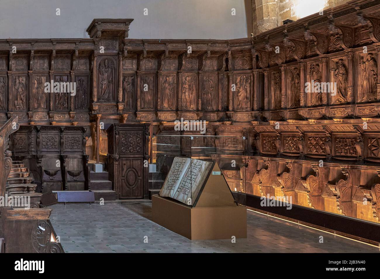 Stands de chœur du 16th siècle, exposition permanente à l'intérieur de la cathédrale basilique de Santa María de Tortosa, Tarragone, Catalogne, Espagne, Europe Banque D'Images