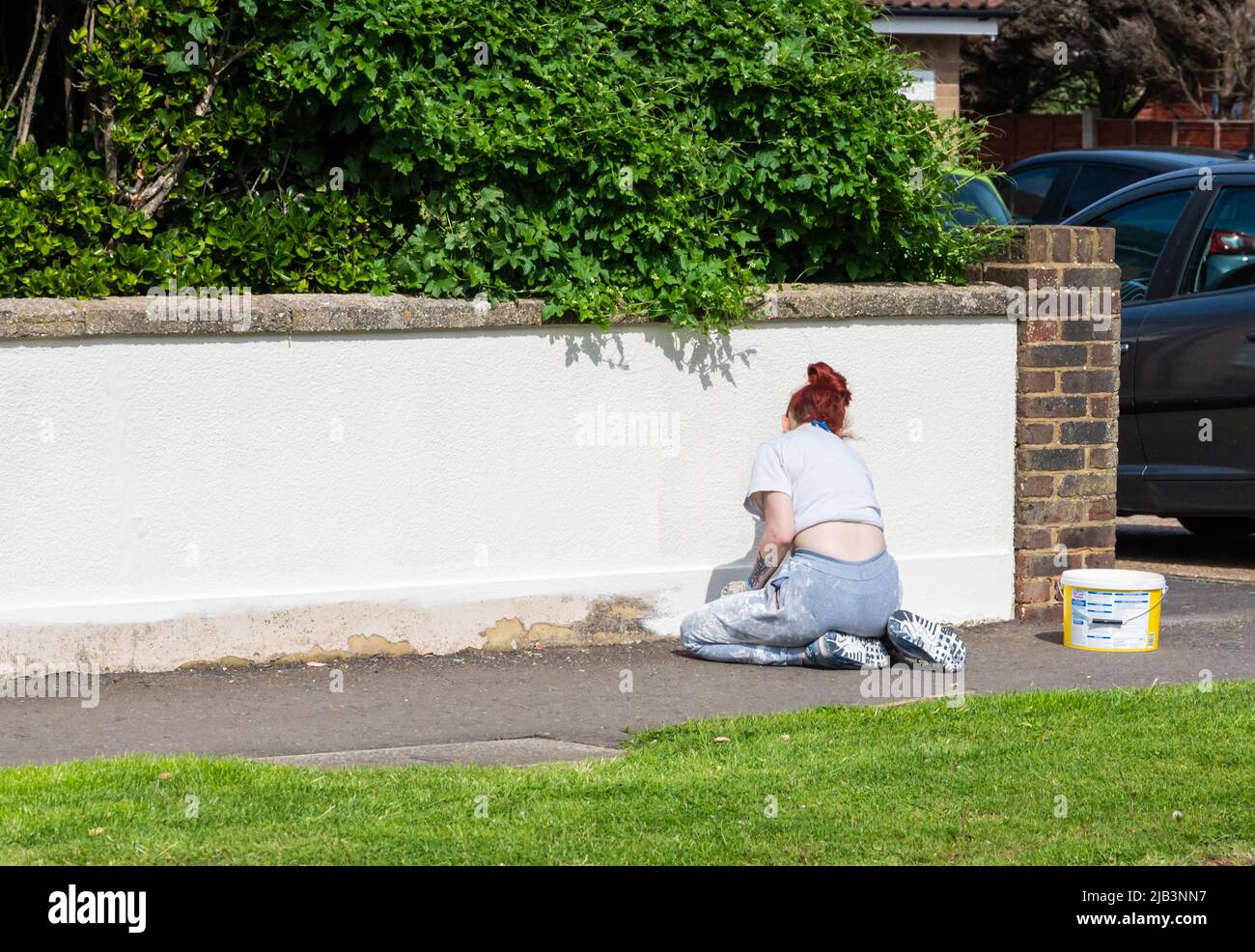 Les femmes s'agenouillent au sol sur une chaussée publique tout en peignant un mur extérieur de jardin en blanc. Banque D'Images