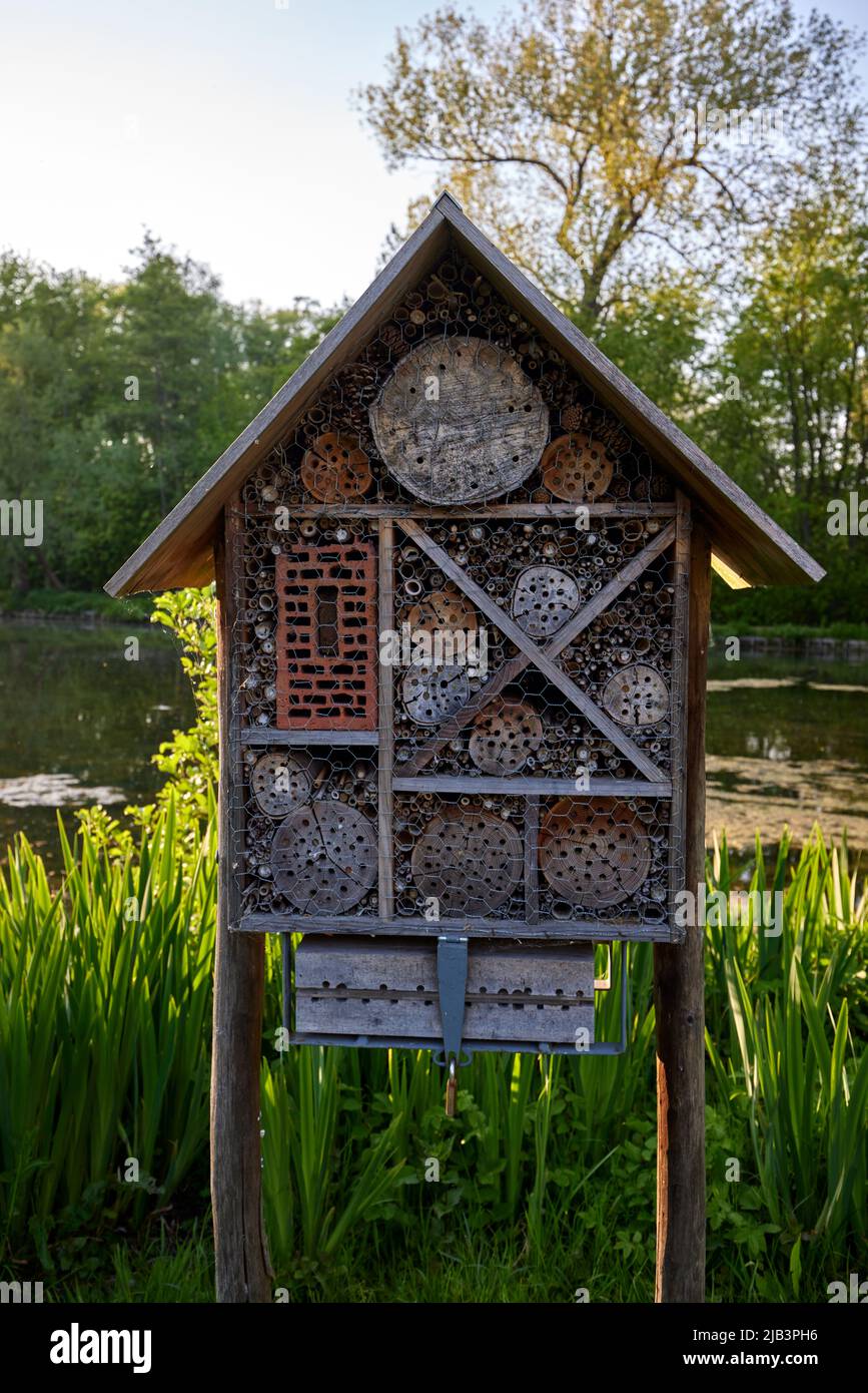 Petite maison en bois pour insectes dans le domaine provincial Rivierenhof Park - Anvers Belgique Banque D'Images
