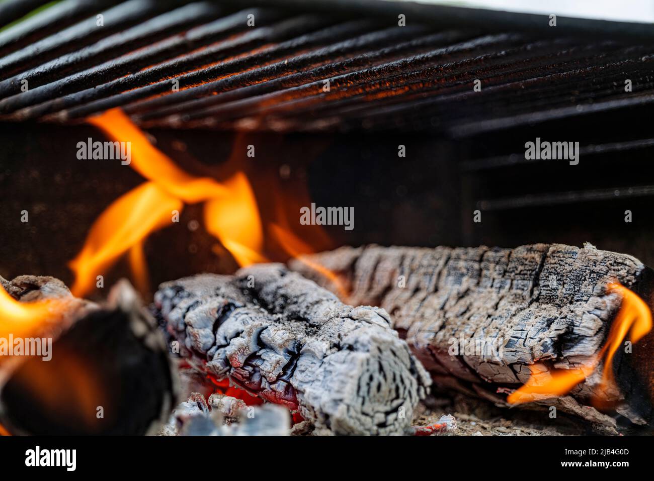 Bois de chauffage au feu à travers des grilles de barbecue Banque D'Images