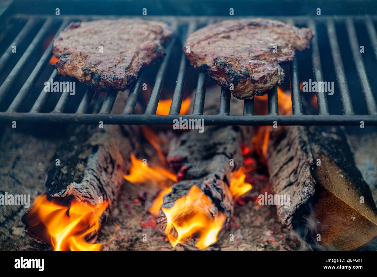 Bois de chauffage au feu à travers des grilles de barbecue Banque D'Images