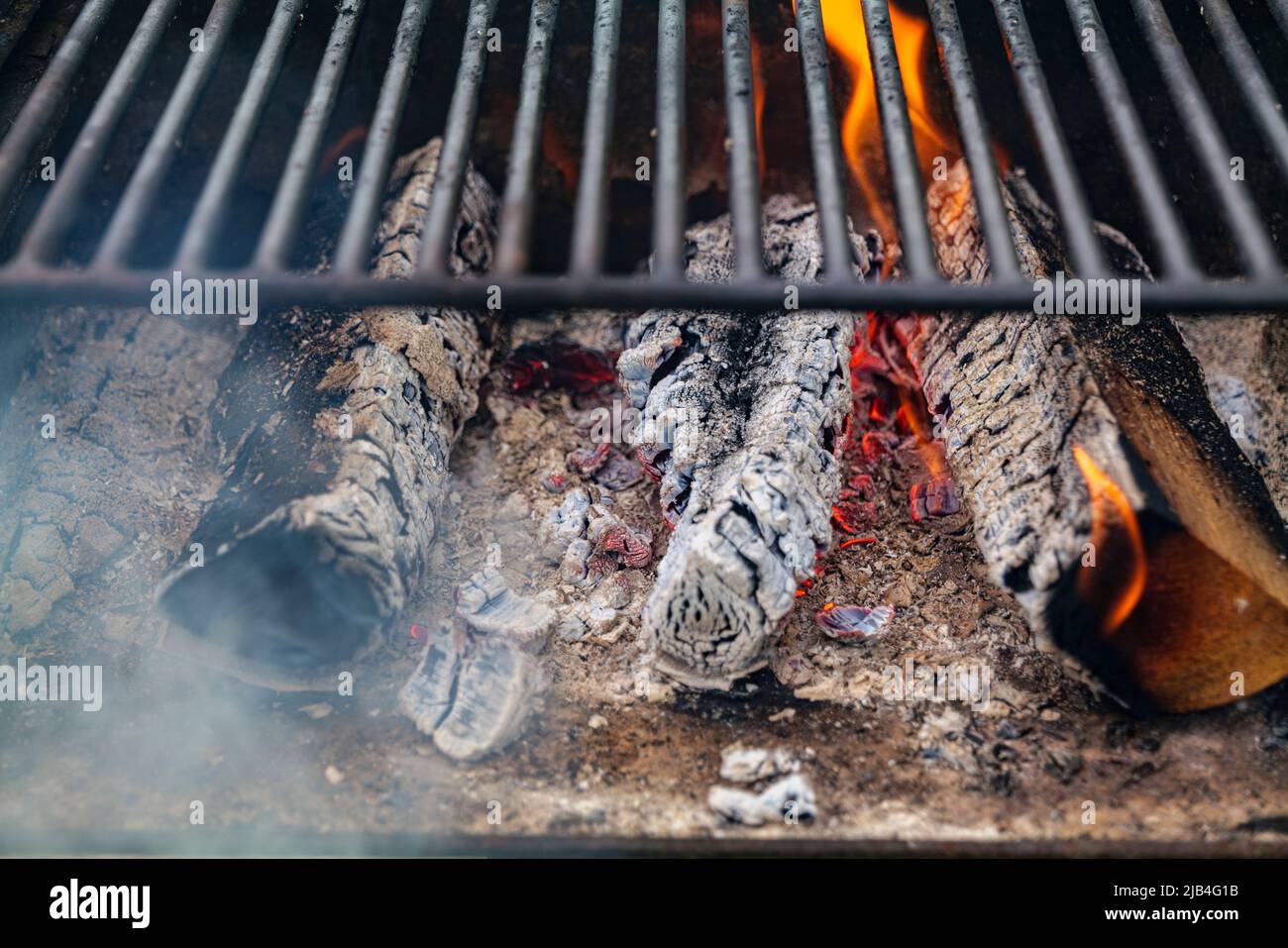 Bois de chauffage au feu à travers des grilles de barbecue Banque D'Images